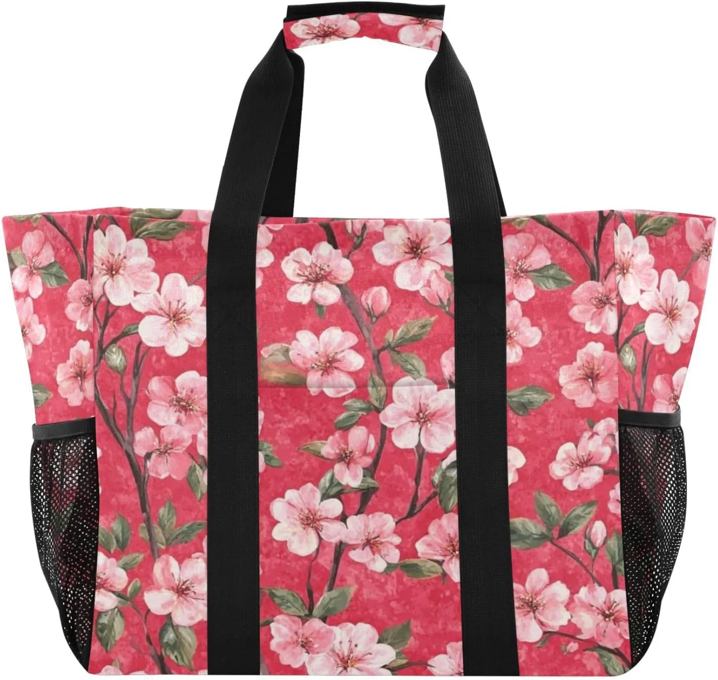 Kigai Pink Peach Flowers Reusable Grocery Bag with Handles Waterproof Foldable Extra Large Tote Shopping Bag Standing Organizer for Picnics, Beach, Pool, Laundry, Car, Camping