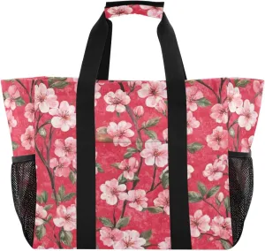 Kigai Pink Peach Flowers Reusable Grocery Bag with Handles Waterproof Foldable Extra Large Tote Shopping Bag Standing Organizer for Picnics, Beach, Pool, Laundry, Car, Camping