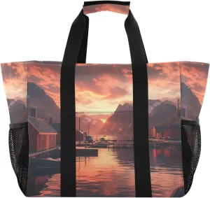 Kigai Sunset in The Harbor Reusable Grocery Bag with Handles Waterproof Foldable Extra Large Tote Shopping Bag Standing Organizer for Picnics, Beach, Pool, Laundry, Car, Camping