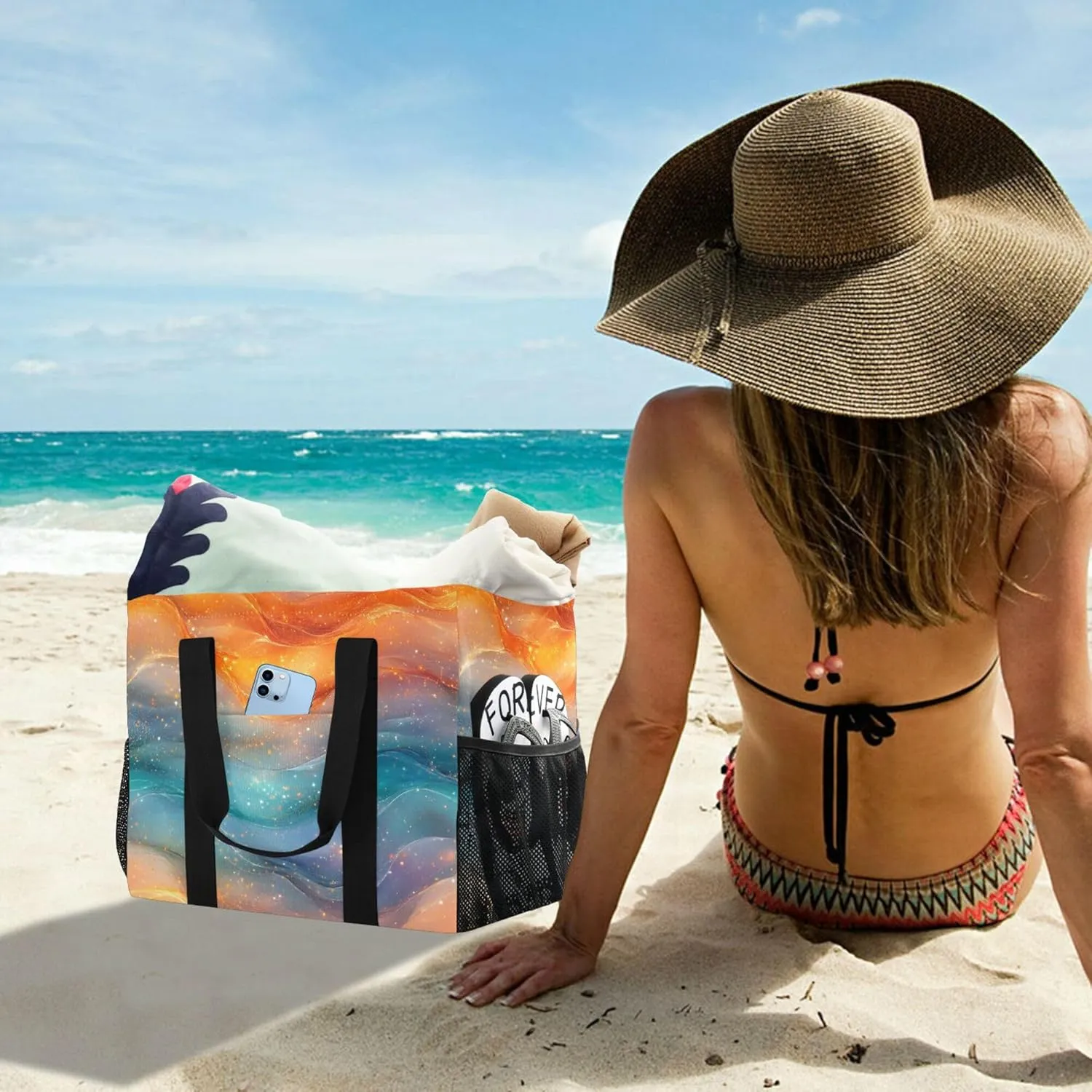 KLL Beach Tote Bag with Handles Foldable Sandproof Laundry Bag Travel