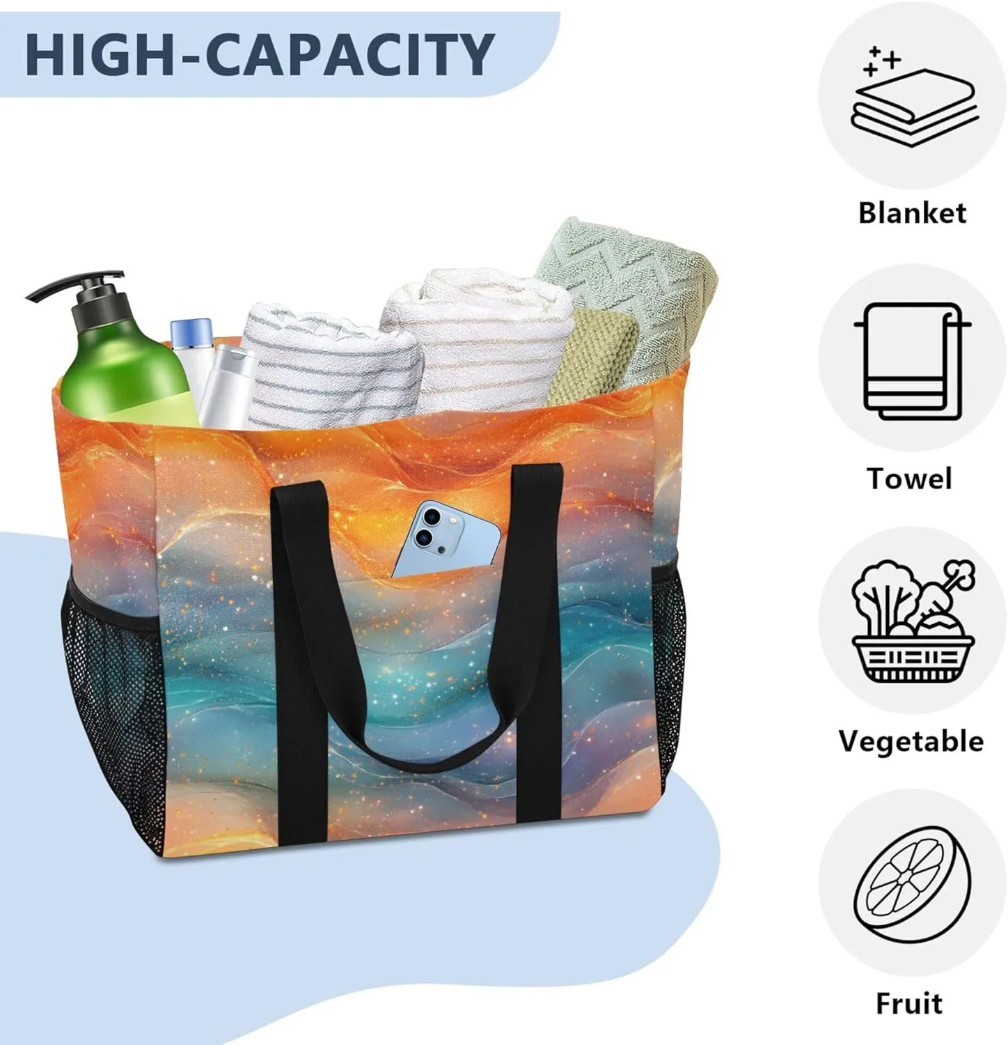 KLL Beach Tote Bag with Handles Foldable Sandproof Laundry Bag Travel