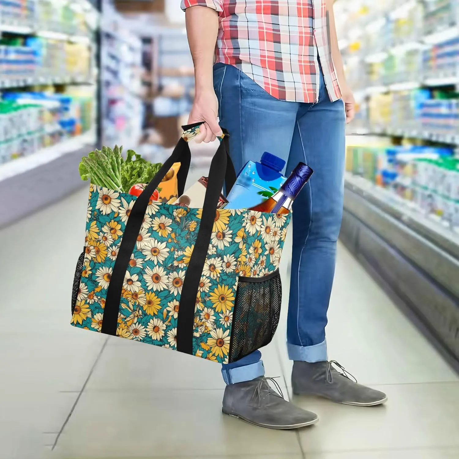 KLL Utility Bag For Trunk Canvas Foldable With Pockets Reusable Grocery Bags