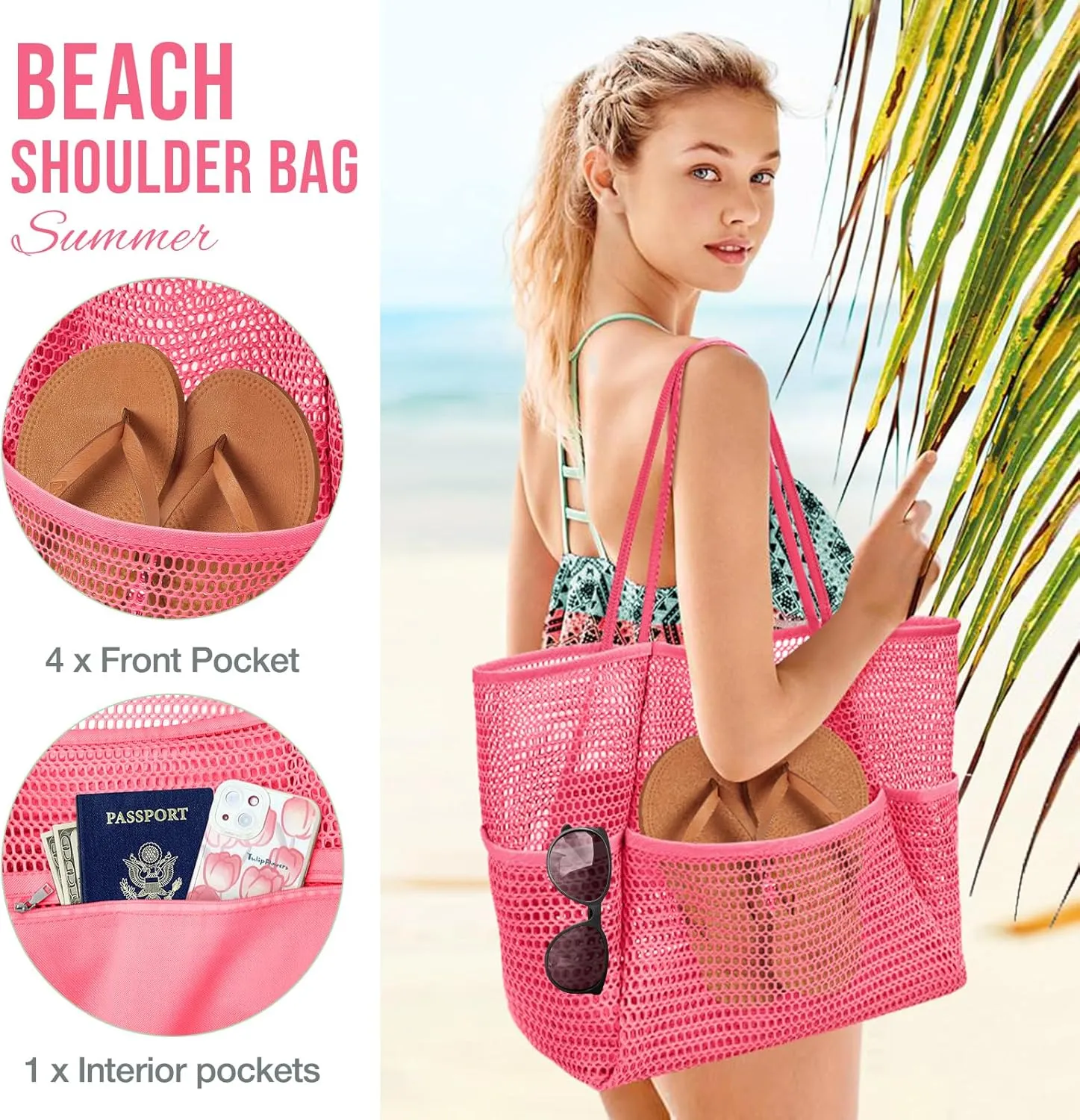 KPX Beach Bag with Mini Pocket, Beach Tote Bags for Women Large Foldable Mesh Swimming Pool Travel Bags - Sandproof