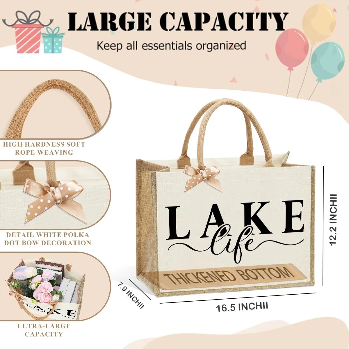 Lake Life Tote Bags for Women | Water-Resistant Beach Totes | Lake House Gifts for Mom/Wife
