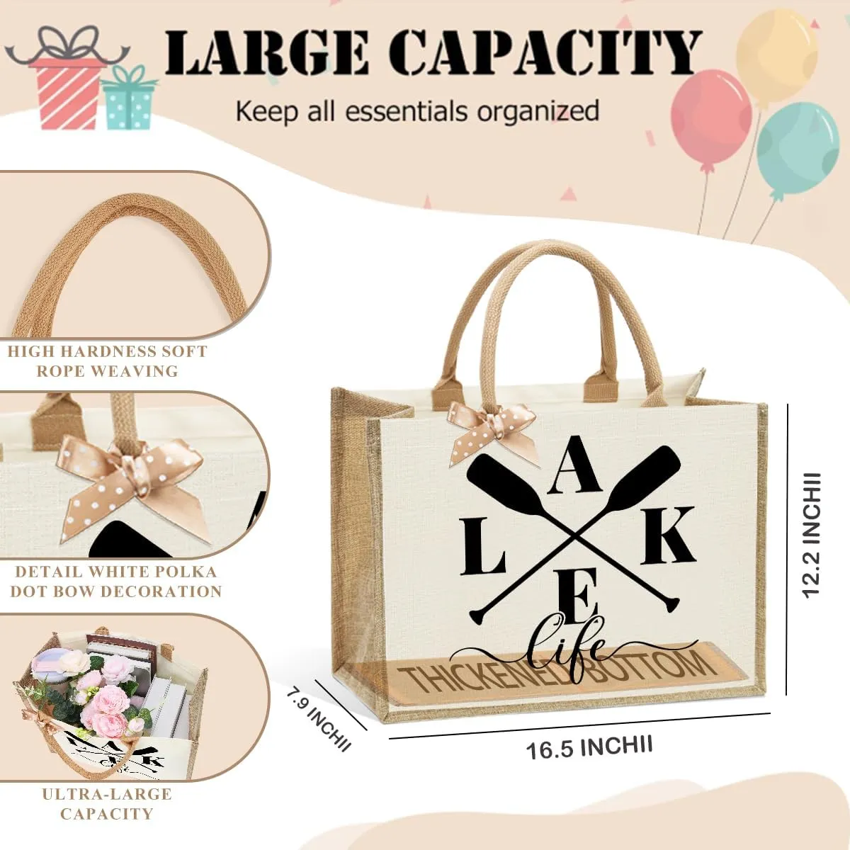 Lake Life Tote Bags for Women | Water-Resistant Beach Totes | Lake House Gifts for Mom/Wife