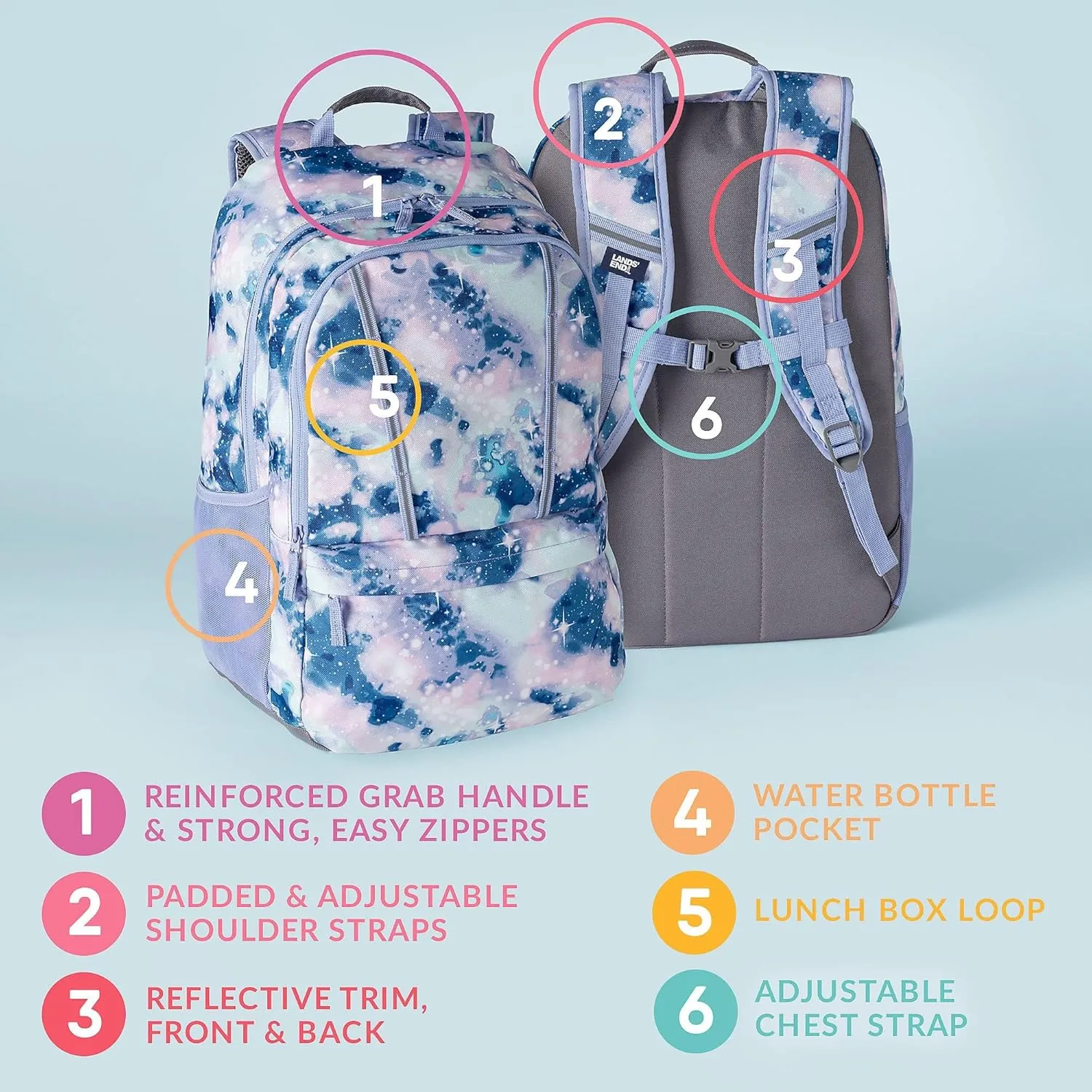 Lands' End Kids' ClassMate XL Backpack Warm Lavender Galaxy X-Large