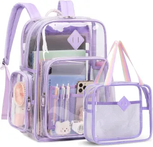 Large Clear Backpack Stadium Events Heavy Duty PVC Transparent Bookbag with Lunch Bag for School See Through Back Pack Fits 16 inch Laptop for College Work Travel, Purple(2 PC SET)