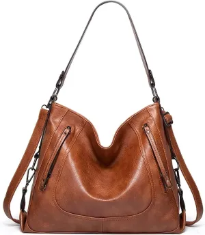Large Shoulder Bags Zipper Bag For Womens Bags Pu Leather Crossbody Bag(Brown)