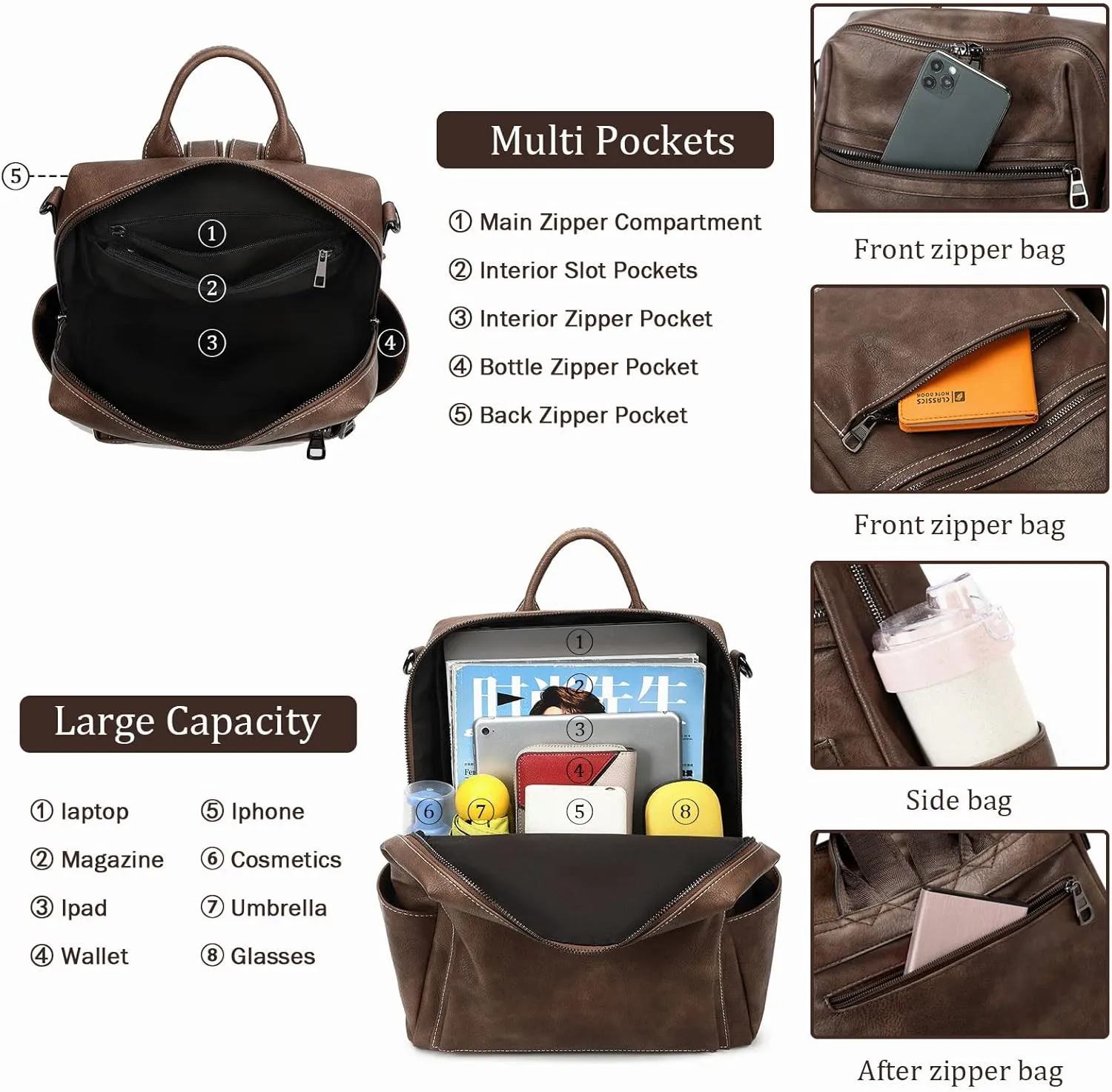 Leather Backpack Purse for Women Designer Ladies Shoulder Bag Fashion Faux Work Travel Handbags