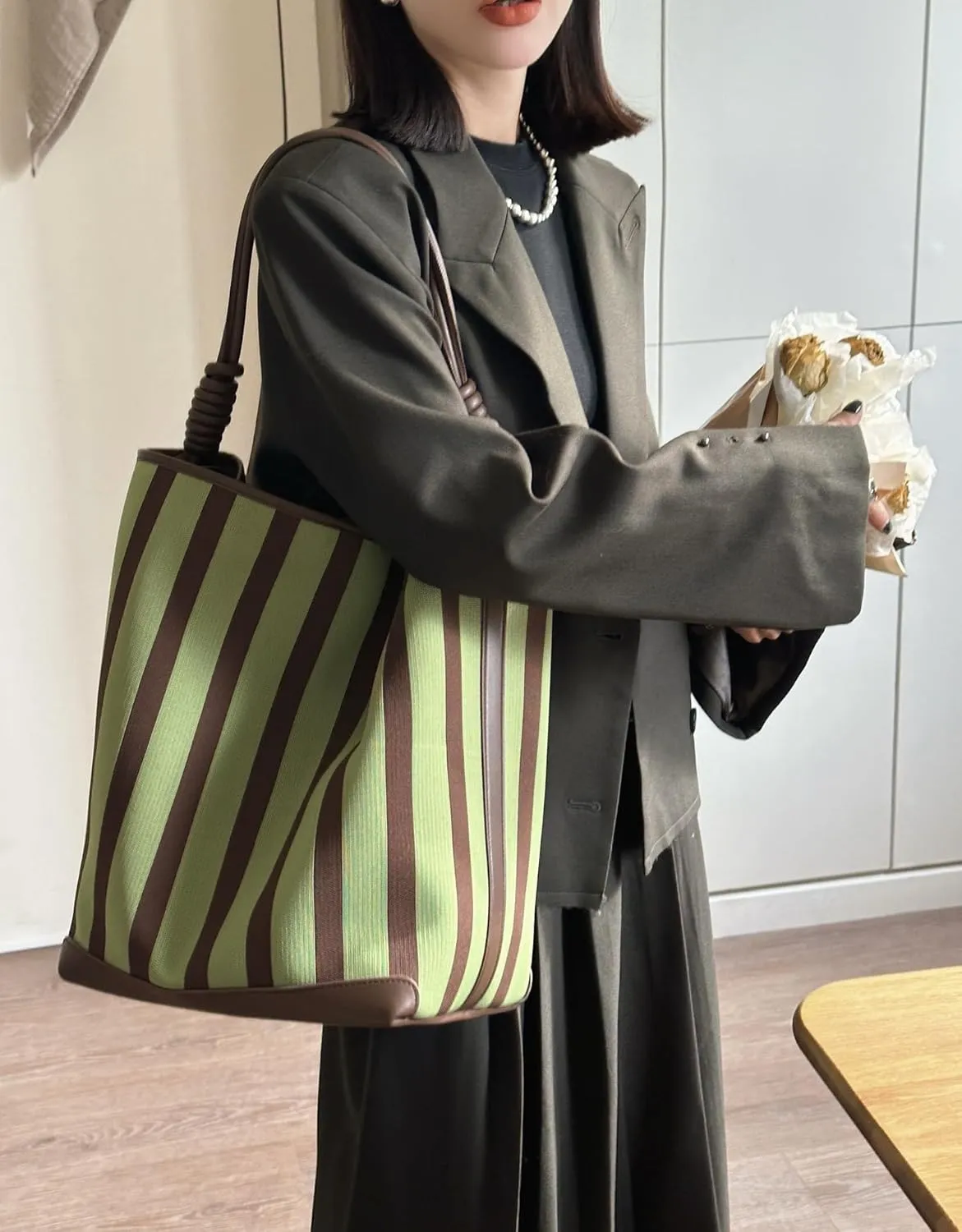 Leather Women's Bag Striped Totes Summer Canvas Cowhide Fashion Large Capacity Shoulder Bucket Bag Vacation Casual