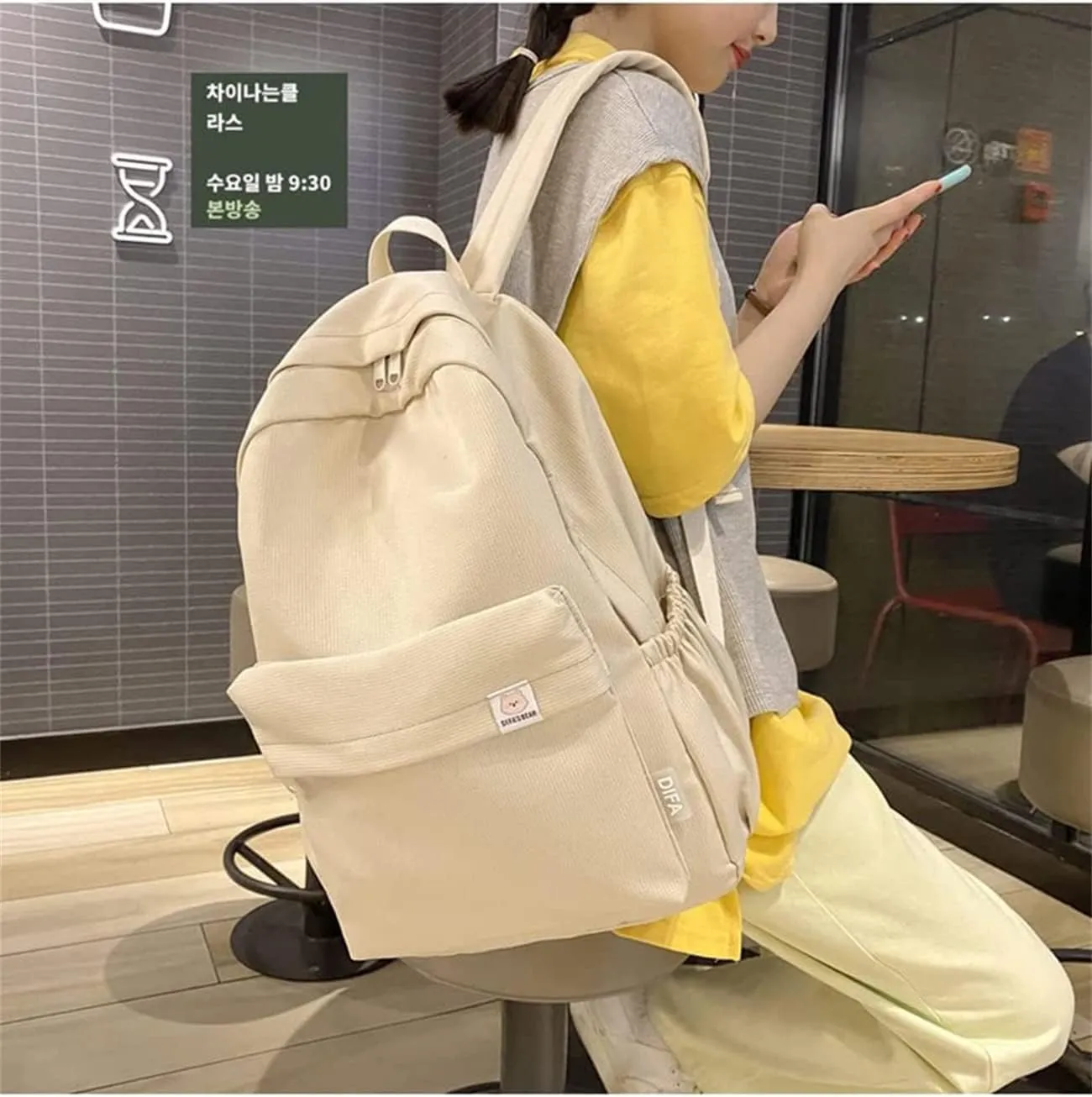 LELEBEAR Difa Bear Backpack - Kawaii Solid Color Cute Aesthetic Rucksack, Large Capacity (White)