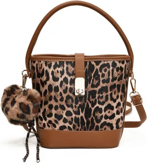 Leopard Purse Cheetah Print Urban Mini Bucket Bag Heart Charm Crossbody Buckle Vintage Purse for Girls