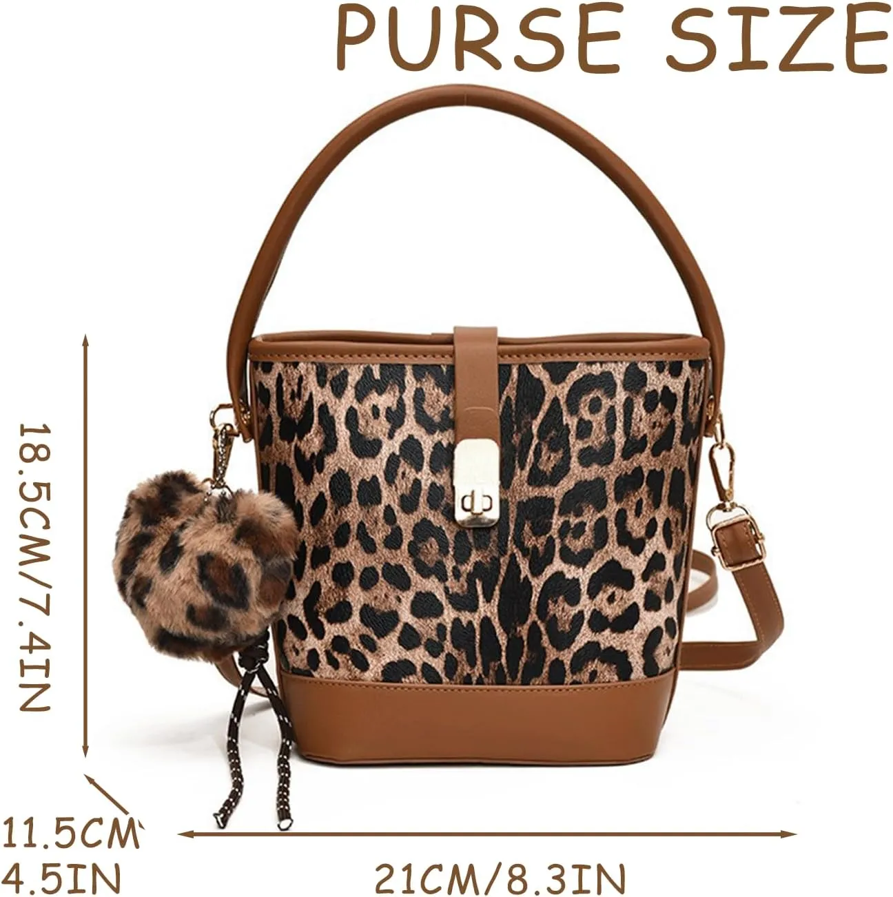 Leopard Purse Cheetah Print Urban Mini Bucket Bag Heart Charm Crossbody Buckle Vintage Purse for Girls
