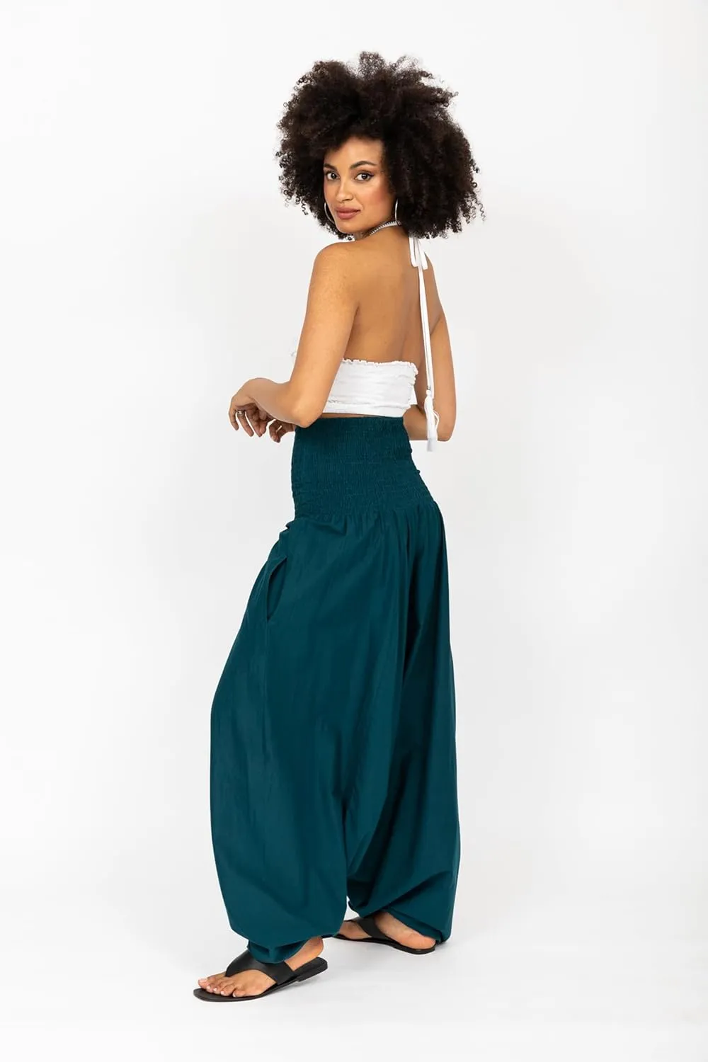 likemary Harem Pants Women Jumpsuits  Maxi Romper Pulls Down into Cotton Boho Pants with Pockets  One Size 2-in-1 Outfit