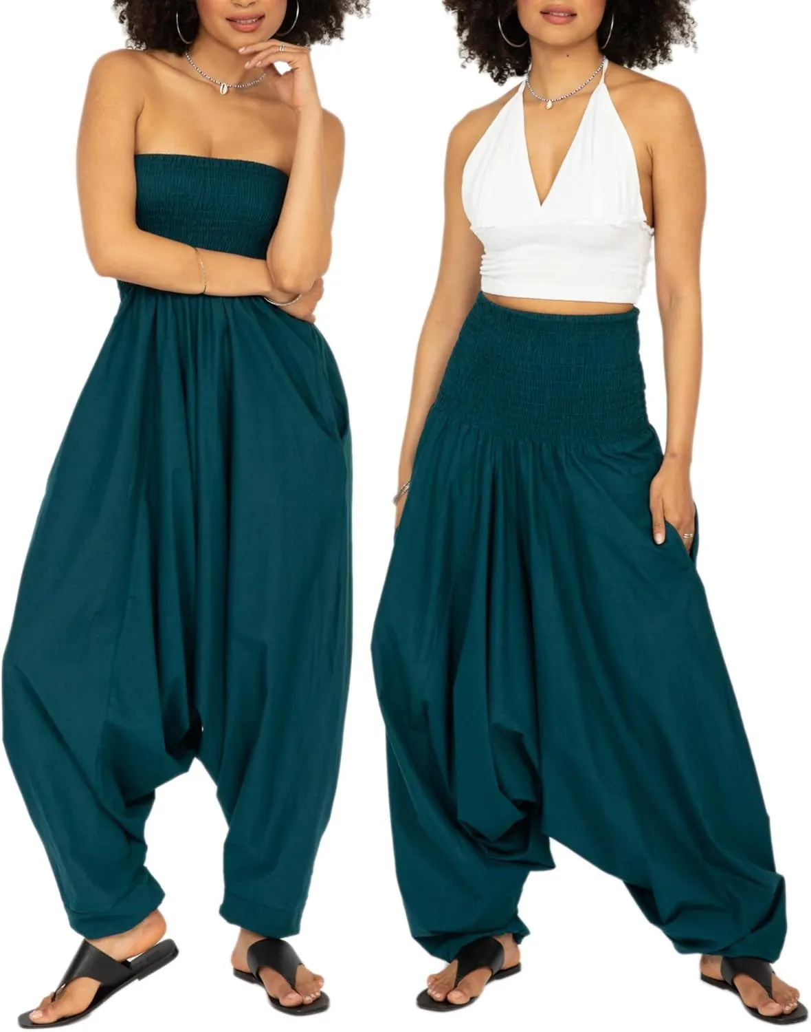 likemary Harem Pants Women Jumpsuits  Maxi Romper Pulls Down into Cotton Boho Pants with Pockets  One Size 2-in-1 Outfit