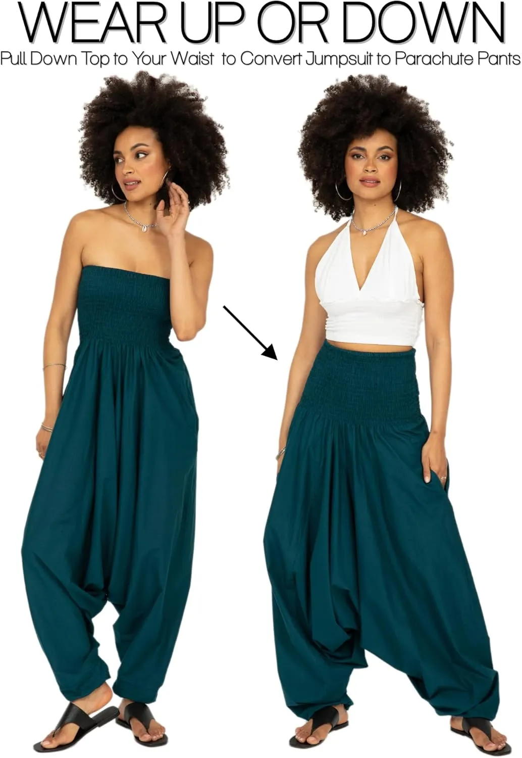 likemary Harem Pants Women Jumpsuits  Maxi Romper Pulls Down into Cotton Boho Pants with Pockets  One Size 2-in-1 Outfit