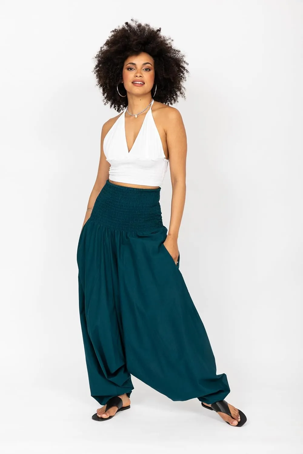 likemary Harem Pants Women Jumpsuits  Maxi Romper Pulls Down into Cotton Boho Pants with Pockets  One Size 2-in-1 Outfit