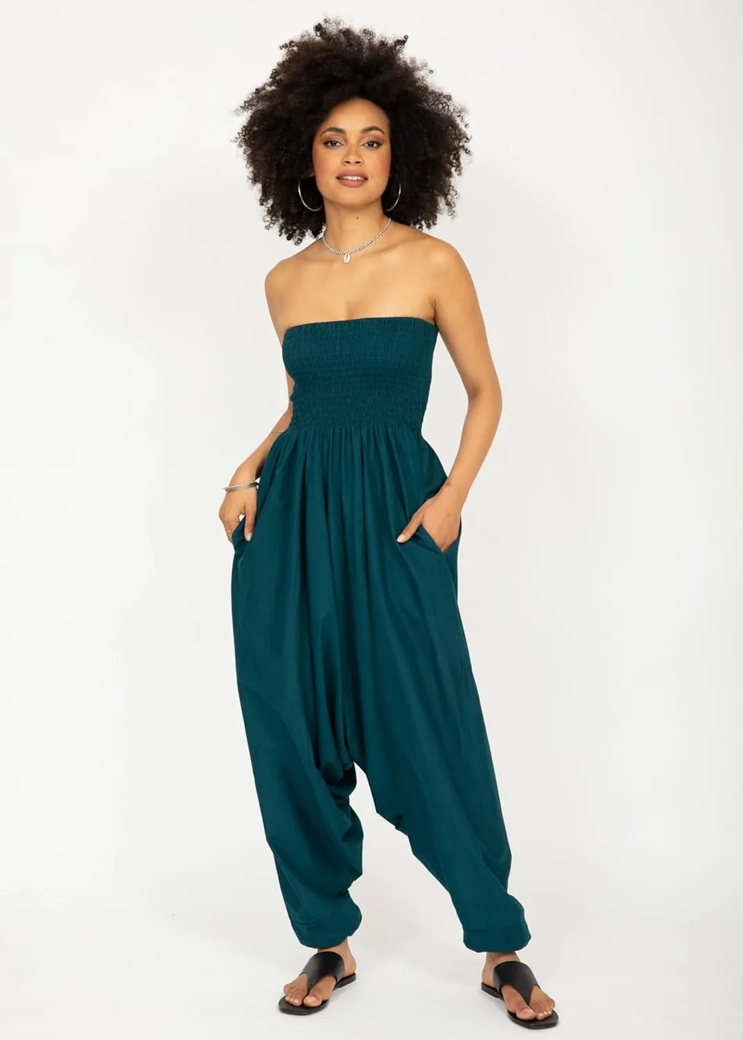 likemary Harem Pants Women Jumpsuits  Maxi Romper Pulls Down into Cotton Boho Pants with Pockets  One Size 2-in-1 Outfit