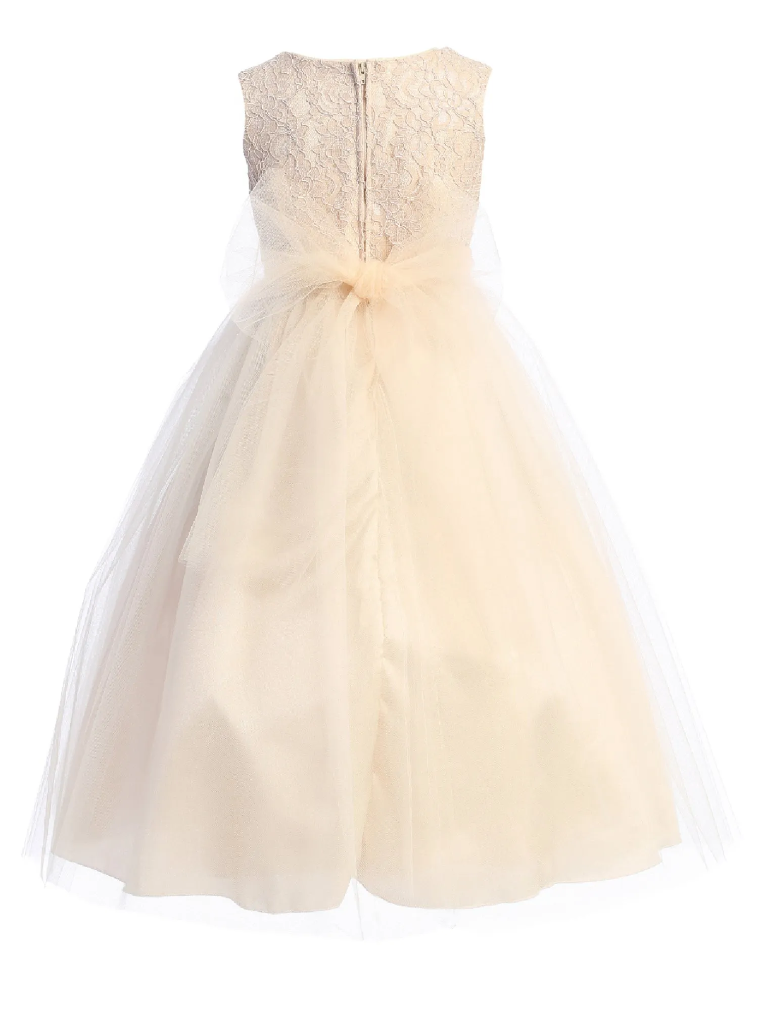 Little Girls Blush Lace Wide Rhinestone Trim Tea Length Flower Girl Dress 2T-6