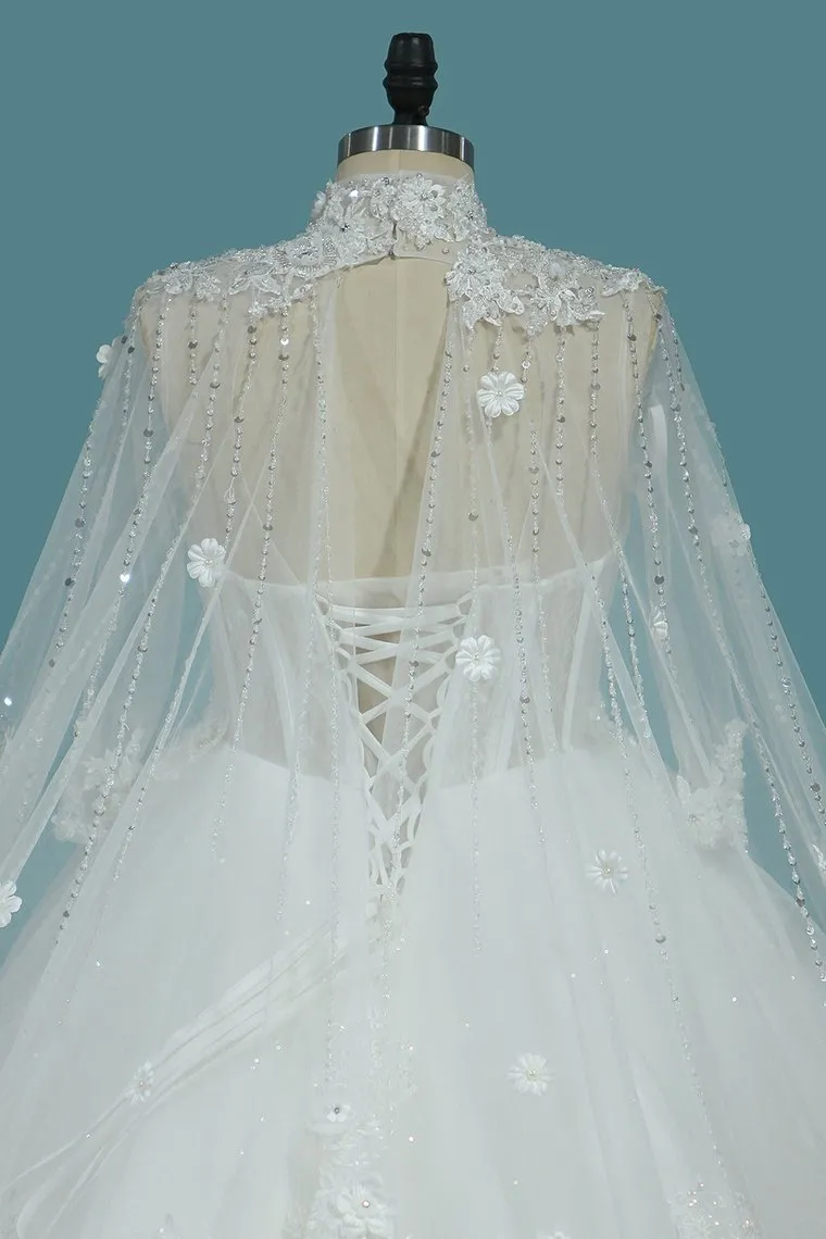 Luxurious Wedding Dresses High Neck Tulle With Sequins Beads Crystals Lace Up