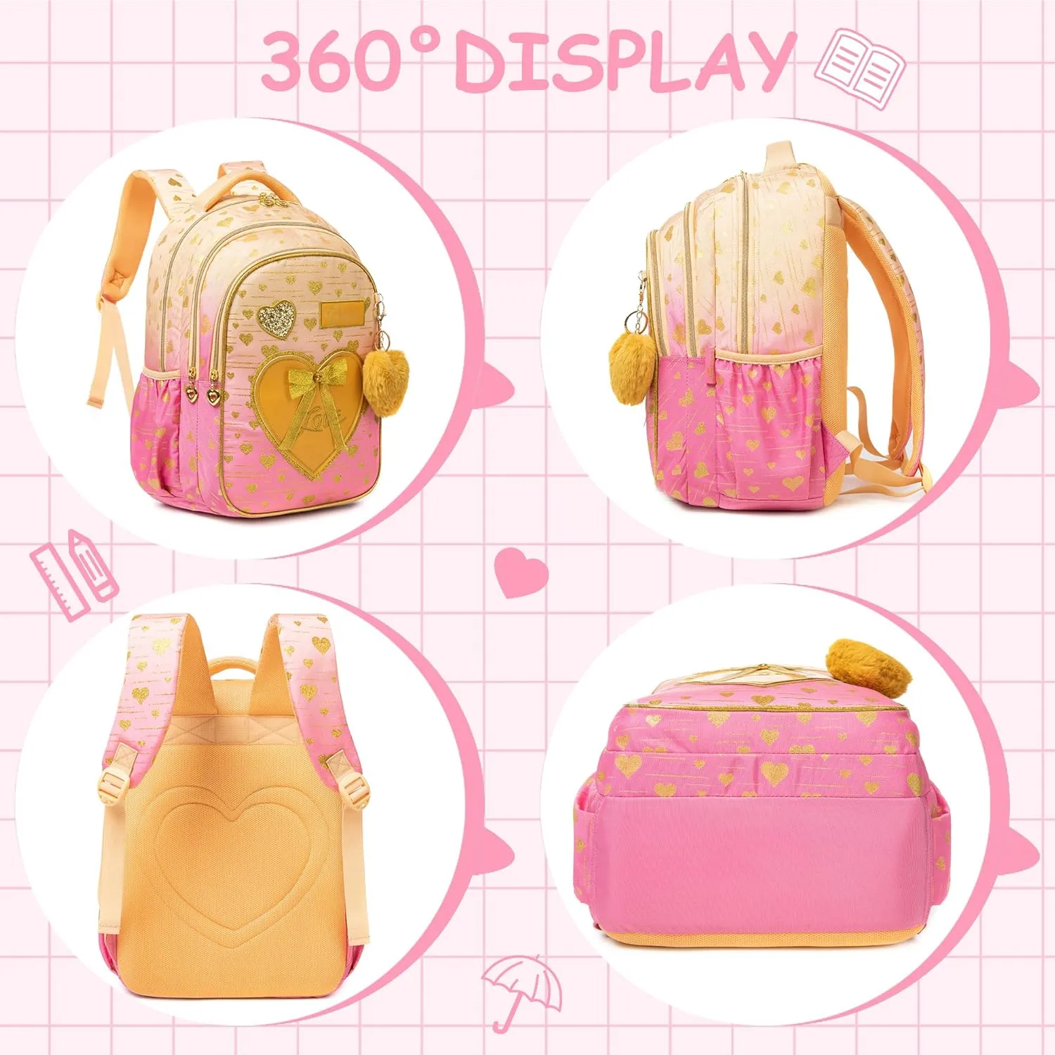 Meetbelify Kids Backpacks for Girls Backpacks for School Kids Canvas Travel Laptop Backpack with Lunch Box for Elementary Students Girls Back to School Bookbag Ages 8-10