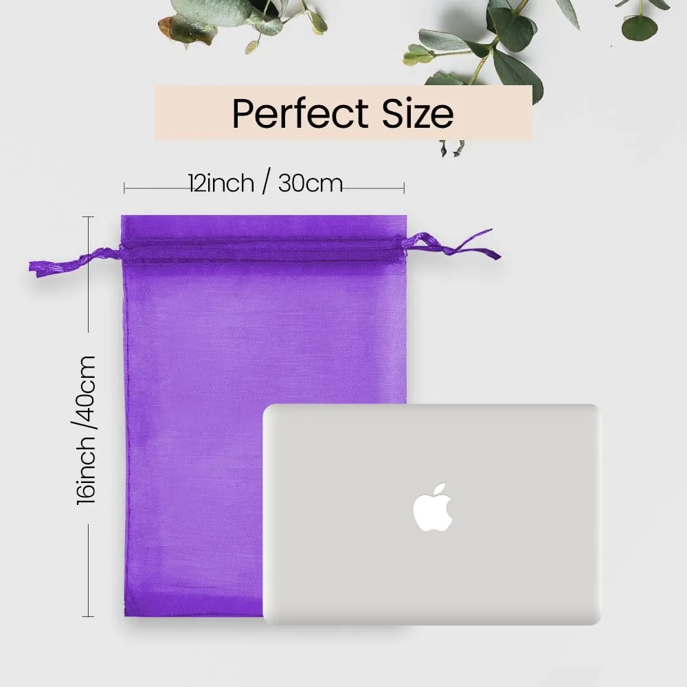 Meowoo 12x16in Big Organza Bags, 12PCS Mesh Gift Bags Drawstring for Gifts, Shoes, Home Storage, Christmas, Gardening, Dolls (Purple)