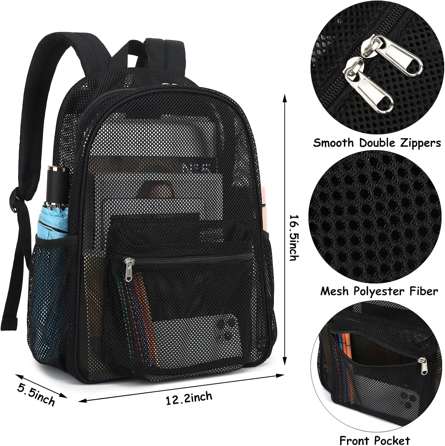 Mesh Backpack for School, Girls Boys See Through College Backpacks Heavy Duty Semi-Transparent Women Wen Bookbag for Swimming Travel Beach Hiking (Black)