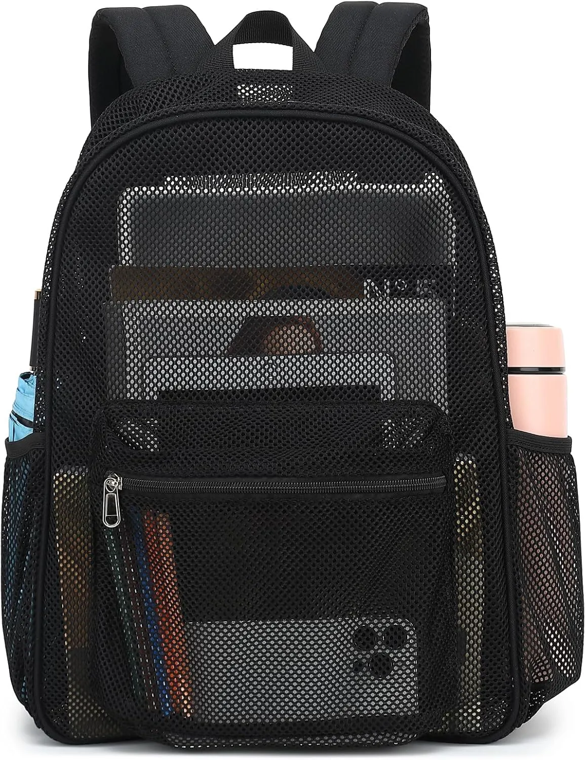 Mesh Backpack for School, Girls Boys See Through College Backpacks Heavy Duty Semi-Transparent Women Wen Bookbag for Swimming Travel Beach Hiking (Black)