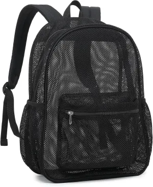 Mesh Backpack for School, Girls Boys See Through College Backpacks Heavy Duty Semi-Transparent Women Wen Bookbag for Swimming Travel Beach Hiking (Black)