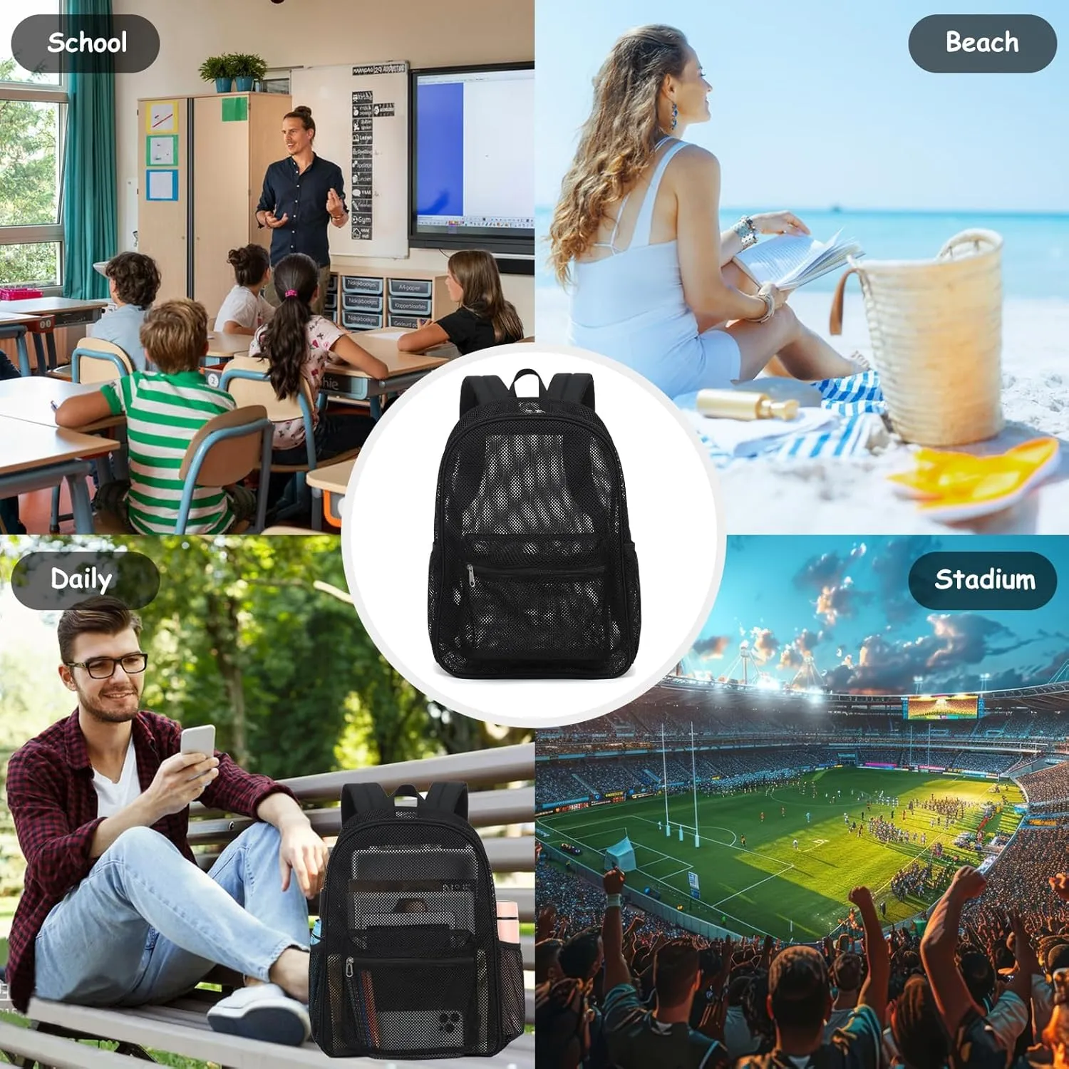 Mesh Backpack for School, Girls Boys See Through College Backpacks Heavy Duty Semi-Transparent Women Wen Bookbag for Swimming Travel Beach Hiking (Black)