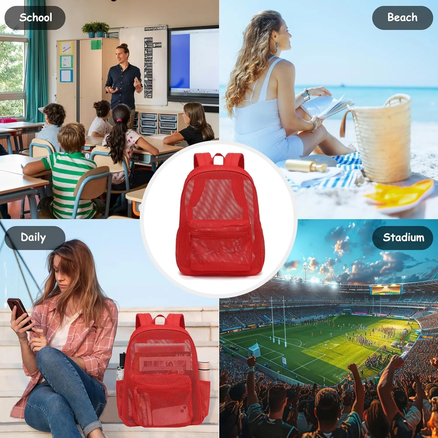 Mesh Backpack for School, Girls Boys See Through College Backpacks Heavy Duty Semi-Transparent Women Wen Bookbag for Swimming Travel Beach Hiking (Red)