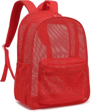 Mesh Backpack for School, Girls Boys See Through College Backpacks Heavy Duty Semi-Transparent Women Wen Bookbag for Swimming Travel Beach Hiking (Red)
