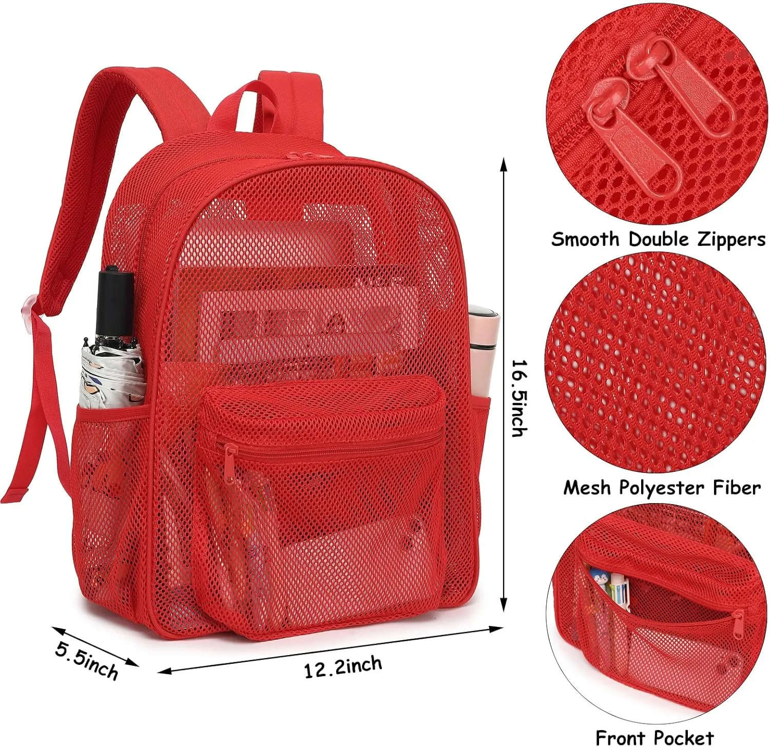 Mesh Backpack for School, Girls Boys See Through College Backpacks Heavy Duty Semi-Transparent Women Wen Bookbag for Swimming Travel Beach Hiking (Red)