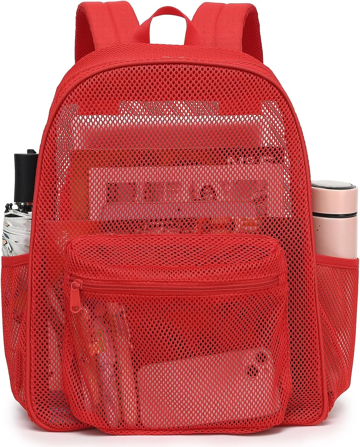 Mesh Backpack for School, Girls Boys See Through College Backpacks Heavy Duty Semi-Transparent Women Wen Bookbag for Swimming Travel Beach Hiking (Red)