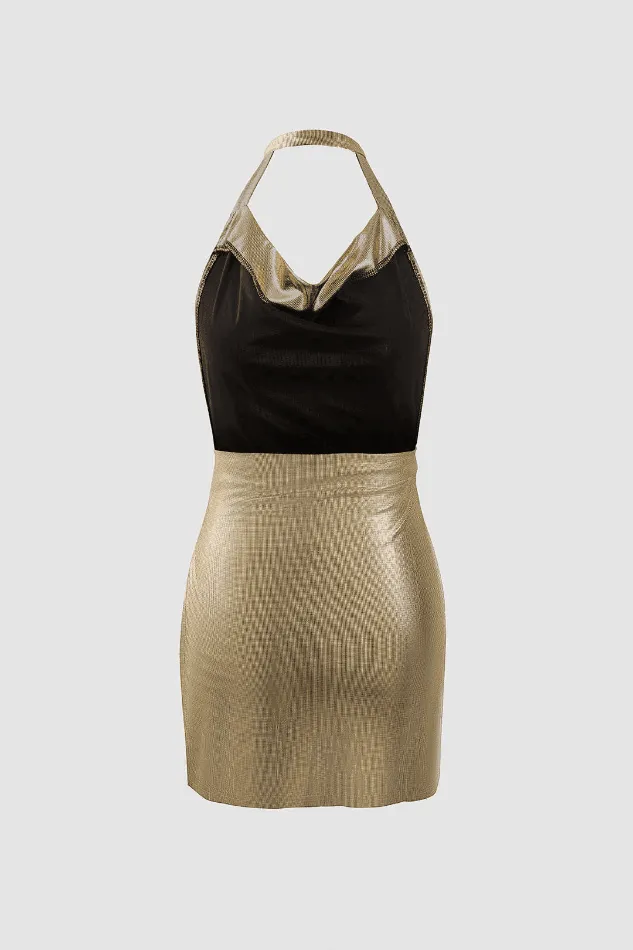 Metallic Halter Backless Slit Mini Dress
