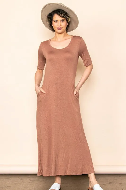 Mocha Scoop Neck Half Sleeve Knit Maxi Dress