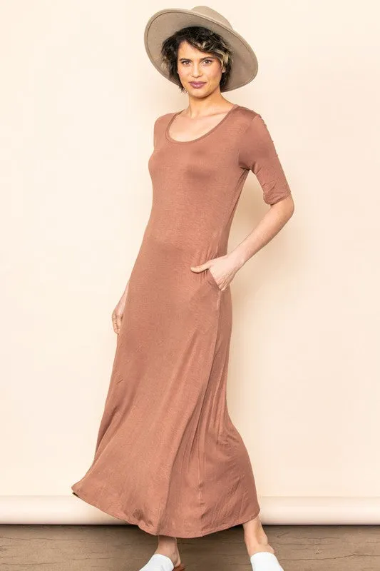 Mocha Scoop Neck Half Sleeve Knit Maxi Dress