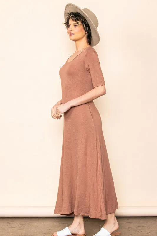 Mocha Scoop Neck Half Sleeve Knit Maxi Dress