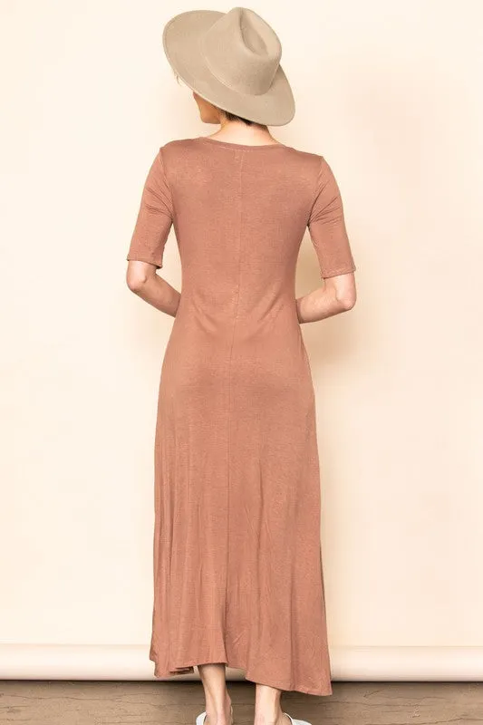 Mocha Scoop Neck Half Sleeve Knit Maxi Dress