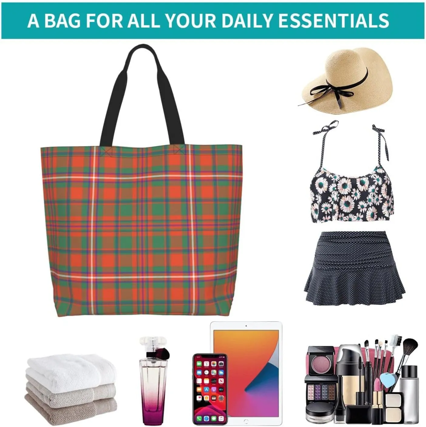 Modern Tartan Tote Bag For Women Weekender Travel Bag Reusable Grocery Bags Large Totes Handbags