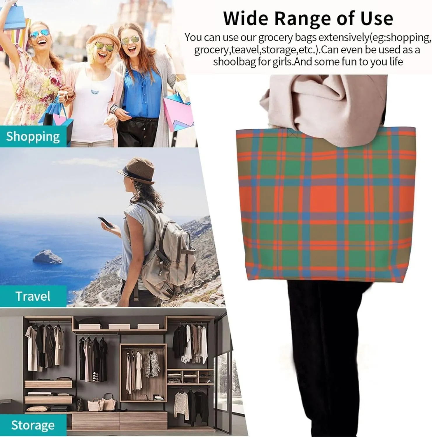 Modern Tartan Tote Bag For Women Weekender Travel Bag Reusable Grocery Bags Large Totes Handbags