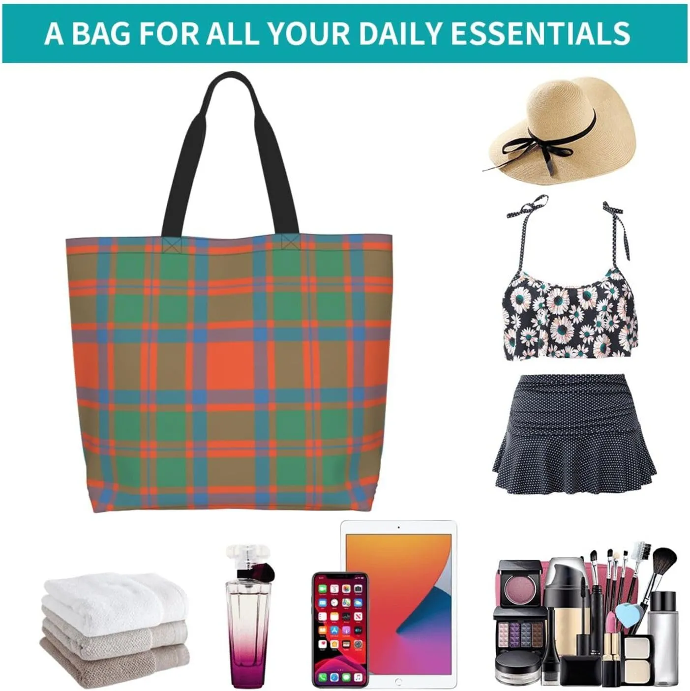 Modern Tartan Tote Bag For Women Weekender Travel Bag Reusable Grocery Bags Large Totes Handbags