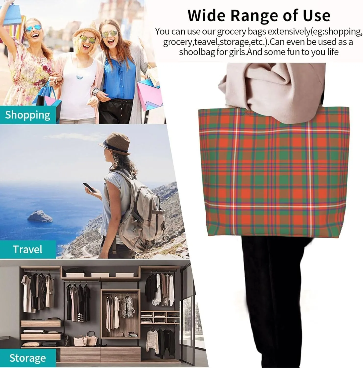 Modern Tartan Tote Bag For Women Weekender Travel Bag Reusable Grocery Bags Large Totes Handbags