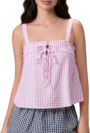 Mxiqqpltky Women Cute Plaid Camisole Y2K Tie Front Square Neck Loose Fit Cropped Tank Tops Casual Smocked Flowy Hem Cami Vest