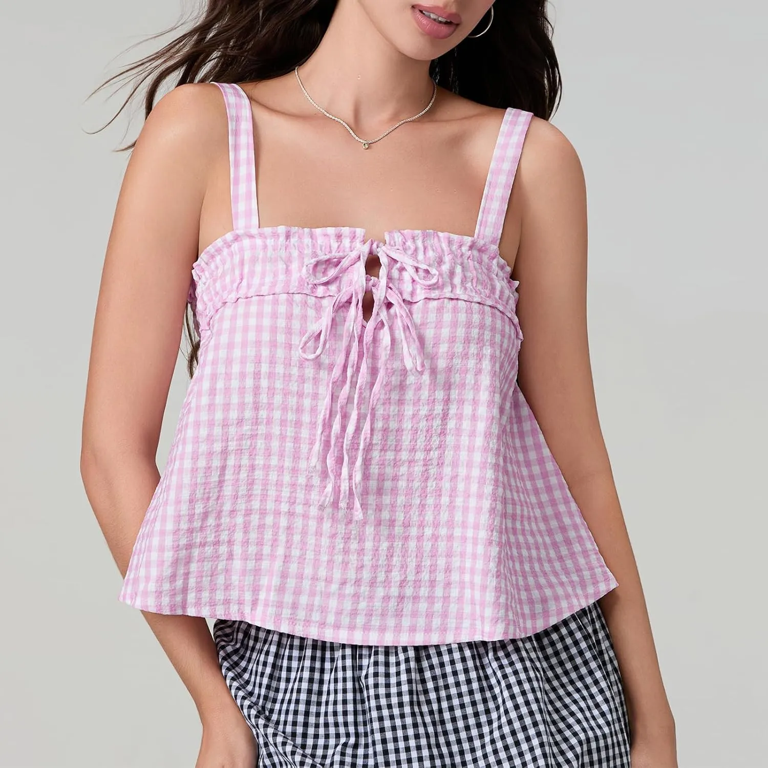 Mxiqqpltky Women Cute Plaid Camisole Y2K Tie Front Square Neck Loose Fit Cropped Tank Tops Casual Smocked Flowy Hem Cami Vest