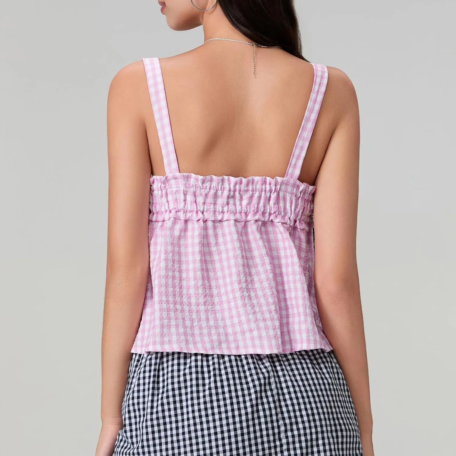 Mxiqqpltky Women Cute Plaid Camisole Y2K Tie Front Square Neck Loose Fit Cropped Tank Tops Casual Smocked Flowy Hem Cami Vest