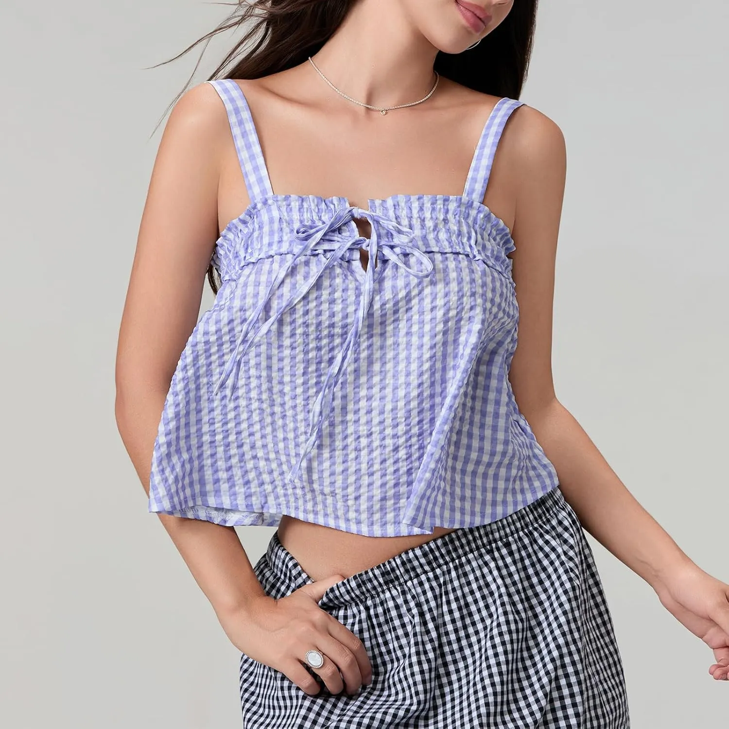 Mxiqqpltky Women Cute Plaid Camisole Y2K Tie Front Square Neck Loose Fit Cropped Tank Tops Casual Smocked Flowy Hem Cami Vest