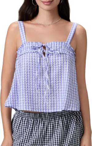 Mxiqqpltky Women Cute Plaid Camisole Y2K Tie Front Square Neck Loose Fit Cropped Tank Tops Casual Smocked Flowy Hem Cami Vest