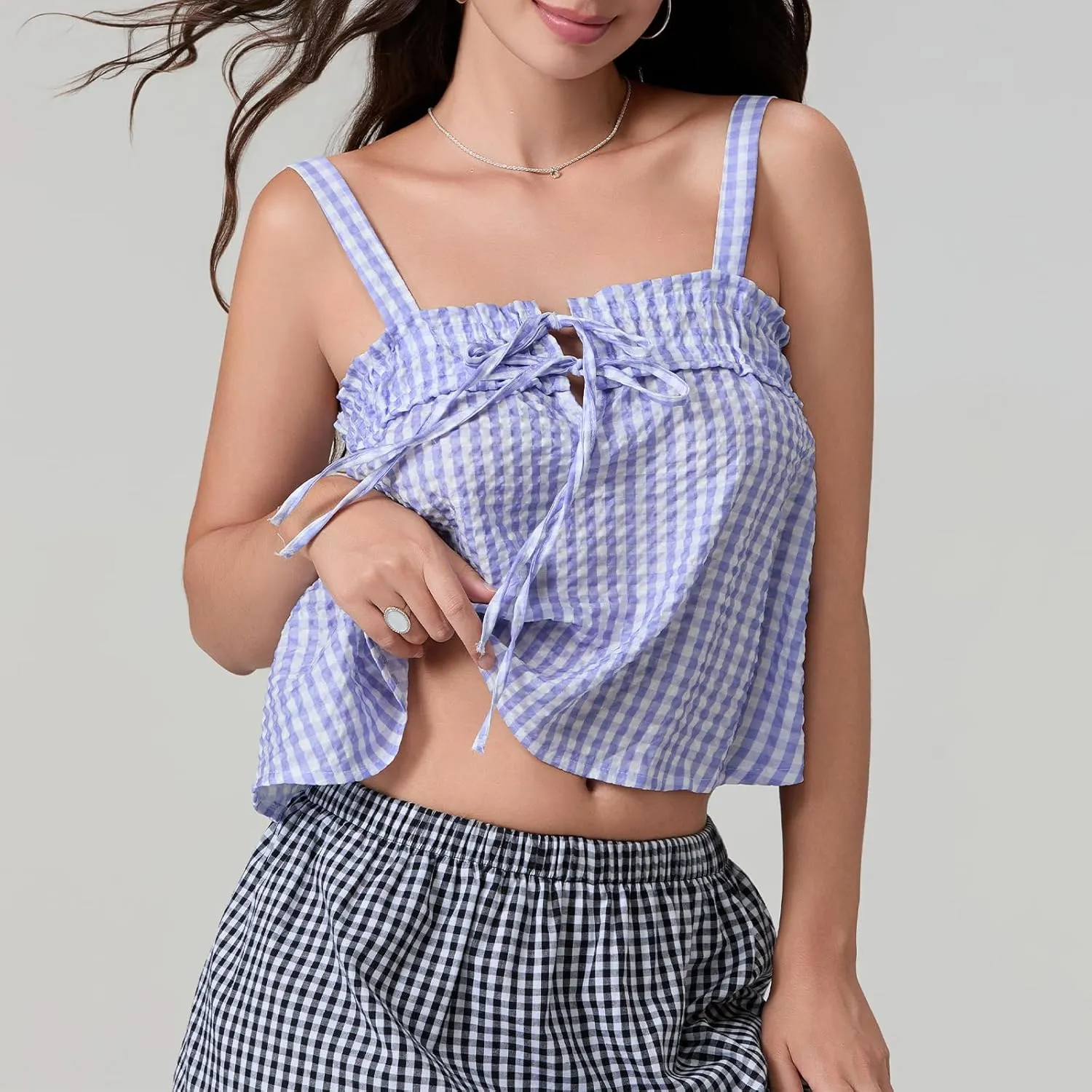 Mxiqqpltky Women Cute Plaid Camisole Y2K Tie Front Square Neck Loose Fit Cropped Tank Tops Casual Smocked Flowy Hem Cami Vest