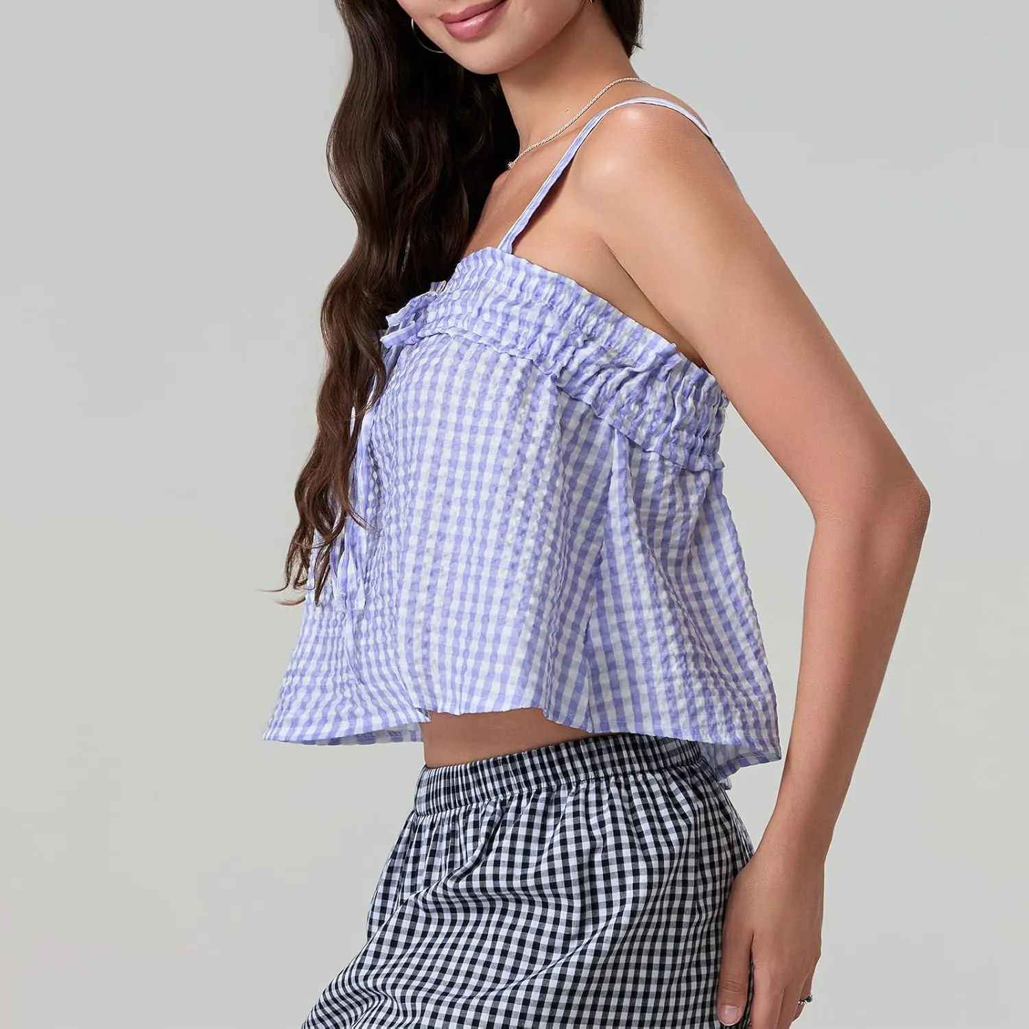 Mxiqqpltky Women Cute Plaid Camisole Y2K Tie Front Square Neck Loose Fit Cropped Tank Tops Casual Smocked Flowy Hem Cami Vest
